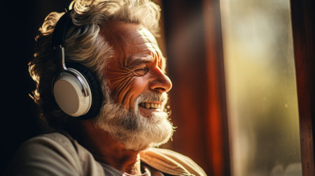 A senior man with a gray beard in headphones listening to music. Calm relaxing atmosphere.の素材