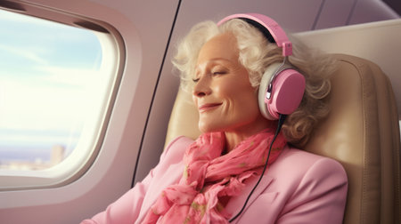 A beautiful middle-aged woman listens to music in headphones while sitting near the porthole in a private jet. Pastel pink and blue color.の素材