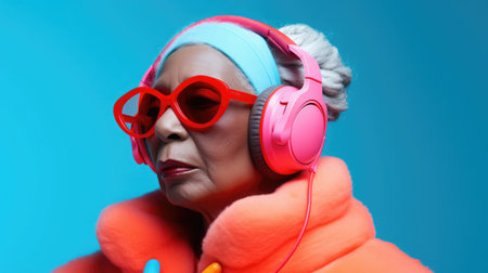 Expressive charming middle-aged African woman enjoying music with headphones. Bright dynamic background.の素材