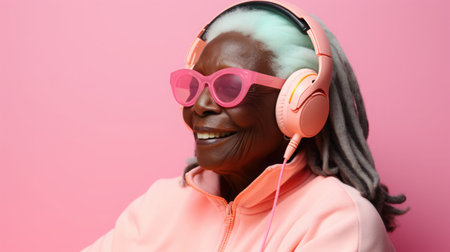 Expressive charming middle-aged African woman enjoying music with headphones. Bright dynamic background.の素材