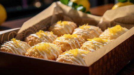 Bento cake. Small individual lemon cheesecakes in box covered frosting. Cute gift for any holidayの素材