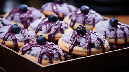 Bento cake. Small individual blueberries cheesecakes in box. Cute gift for any holidayの素材