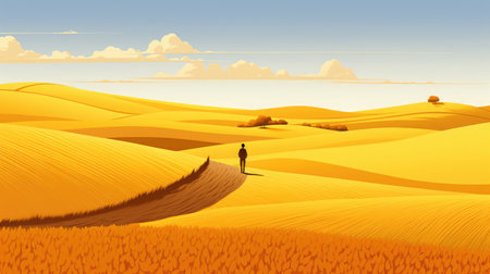 A young girl with horse walks on the road in a golden wheat field. Minimalist Illustration style in yellow color, Japanese Countryside.Birds Eye Viewの素材