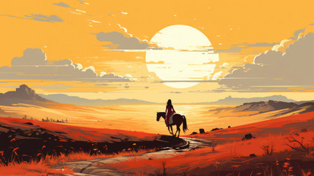 A young girl with horse walks on the road in a golden wheat field. Minimalist Illustration style in yellow color, Japanese Countryside.Birds Eye Viewの素材