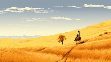 A young girl with horse walks on the road in a golden wheat field. Minimalist Illustration style in yellow color, Japanese Countryside.Birds Eye Viewの素材