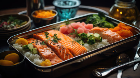 stainless steel bento box for lunch food. Asian style.の素材