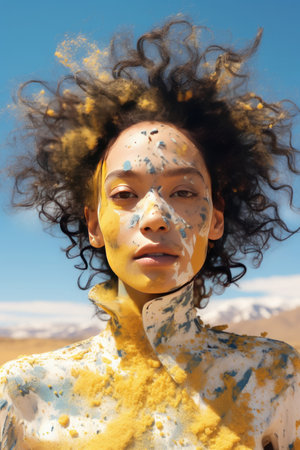 Fashion creative African woman portrait. Spotted makeup. Studio photo. Paint make upの素材