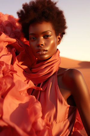 Stylish portrait of a beautiful African girl in a suit with ethnic motifs. minimalist style.の素材