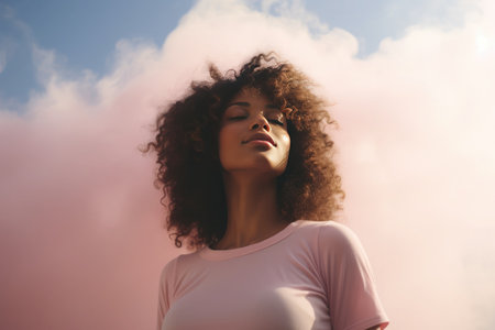 Creative portrait of a young African girl against the backdrop of pink clouds and feathers. Romantic air composition.の素材