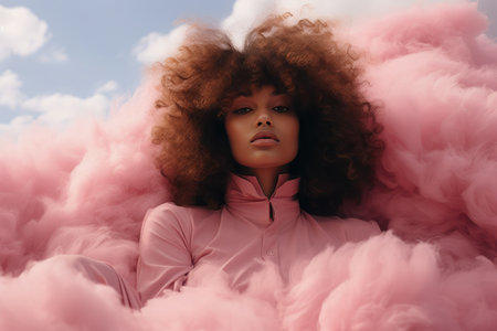 Creative portrait of a young African girl against the backdrop of pink clouds and feathers. Romantic air composition.の素材
