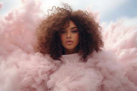 Creative portrait of a young African girl against the backdrop of pink clouds and feathers. Romantic air composition.の素材