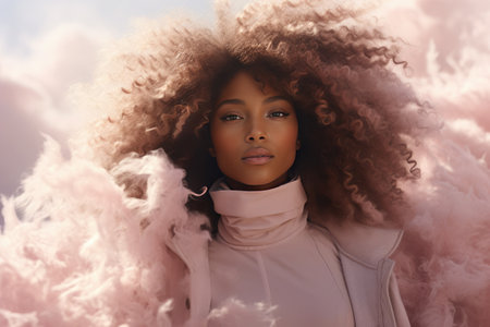 Creative portrait of a young African girl against the backdrop of pink clouds and feathers. Romantic air composition.の素材