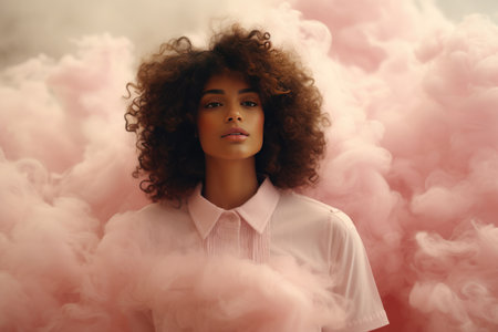Creative portrait of a young African girl against the backdrop of pink clouds and feathers. Romantic air composition.の素材