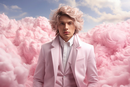 Portrait of a curly blonde beautiful boy on the background of romantic clouds. Pastel pink gentle colors.の素材
