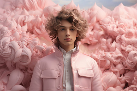 Portrait of a curly blonde beautiful boy on the background of romantic clouds. Pastel pink gentle colors.の素材
