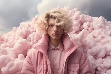 Portrait of a curly blonde beautiful boy on the background of romantic clouds. Pastel pink gentle colors.の素材
