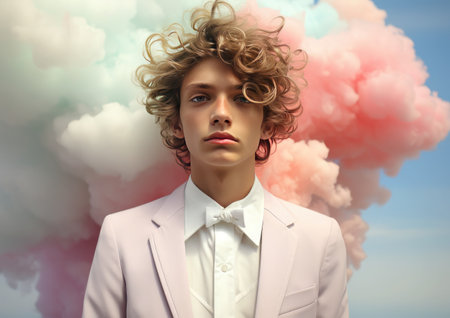 Portrait of a curly blonde beautiful boy on the background of romantic clouds. Pastel pink gentle colors.の素材
