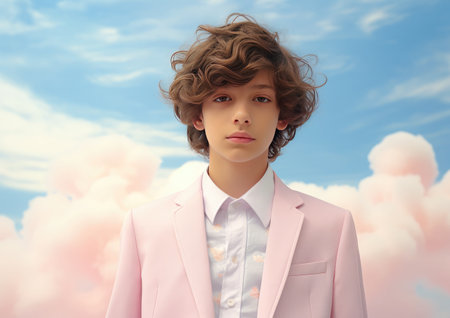 Portrait of a curly blonde beautiful boy on the background of romantic clouds. Pastel pink gentle colors.の素材