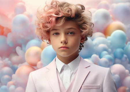 Portrait of a curly blonde beautiful boy on the background of romantic clouds. Pastel pink gentle colors.の素材