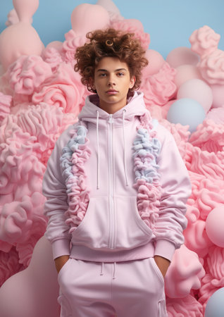 Portrait of a curly blonde beautiful boy on the background of romantic clouds. Pastel pink gentle colors.の素材