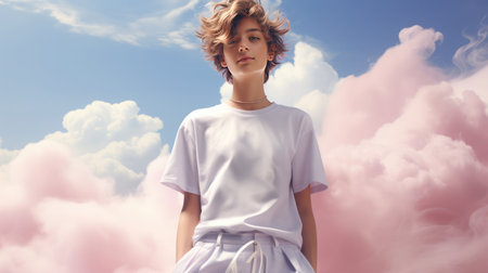 Portrait of a curly blonde beautiful boy on the background of romantic clouds. Pastel pink gentle colors.の素材