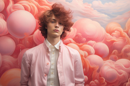 Portrait of a curly blonde beautiful boy on the background of romantic clouds. Pastel pink gentle colors.の素材