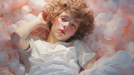 Portrait of a curly blonde beautiful boy on the background of romantic clouds. Pastel pink gentle colors.の素材