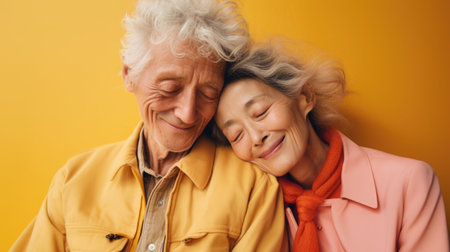 Portrait of an elderly happy couple in love. The woman leaned her head on the man's shoulder.の素材