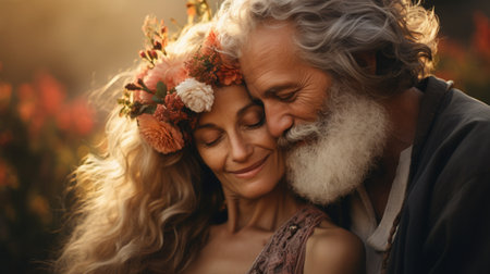 Portrait of an elderly happy couple in love. The woman leaned her head on the man's shoulder.の素材
