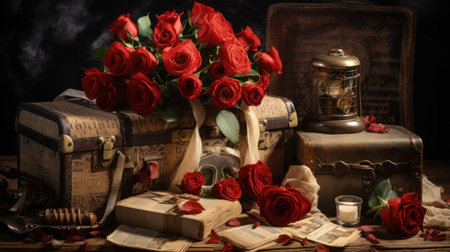 Back in time with an evocative still life arrangement of vintage love letters, red roses, and delicate lace. The sepia tones and aged textures evoke a sense of nostalgia and timeless romance.の素材