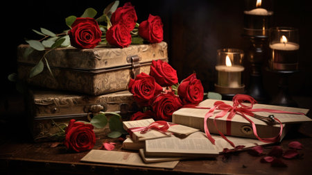 Back in time with an evocative still life arrangement of vintage love letters, red roses, and delicate lace. The sepia tones and aged textures evoke a sense of nostalgia and timeless romance.の素材