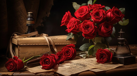 Back in time with an evocative still life arrangement of vintage love letters, red roses, and delicate lace. The sepia tones and aged textures evoke a sense of nostalgia and timeless romance.の素材
