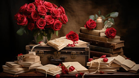Back in time with an evocative still life arrangement of vintage love letters, red roses, and delicate lace. The sepia tones and aged textures evoke a sense of nostalgia and timeless romance.の素材