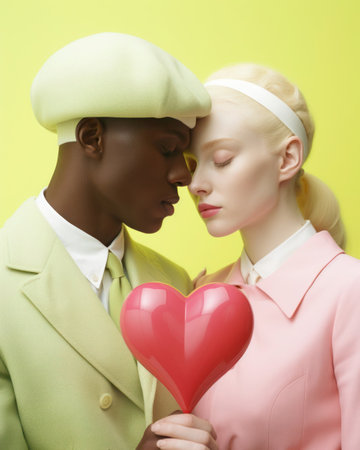 A couple of lovers bowed their heads to each other. Trendy pastel pink, light yellow and light green color on Valentine's day composition, minimalist style.の素材