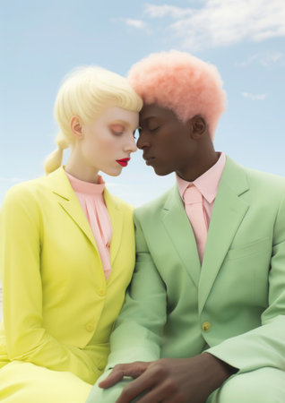 A couple of lovers bowed their heads to each other. Trendy pastel pink, light yellow and light green color on Valentine's day composition, minimalist style.の素材