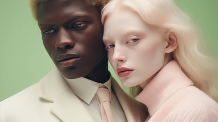 A couple of lovers bowed their heads to each other. Trendy pastel pink, light yellow and light green color on Valentine's day composition, minimalist style.の素材
