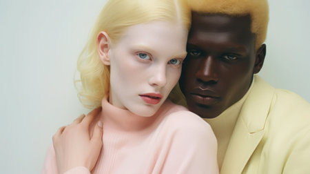 A couple of lovers bowed their heads to each other. Trendy pastel pink, light yellow and light green color on Valentine's day composition, minimalist style.の素材
