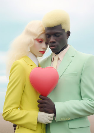 A couple of lovers bowed their heads to each other. Trendy pastel pink, light yellow and light green color on Valentine's day composition, minimalist style.の素材