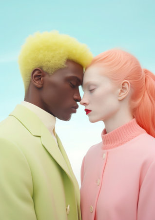 A couple of lovers bowed their heads to each other. Trendy pastel pink, light yellow and light green color on Valentine's day composition, minimalist style.の素材