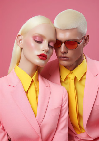 A couple of lovers bowed their heads to each other. Trendy pastel pink, light yellow and light green color on Valentine's day composition, minimalist style.の素材