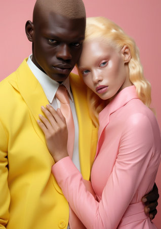 A couple of lovers bowed their heads to each other. Trendy pastel pink, light yellow and light green color on Valentine's day composition, minimalist style.の素材