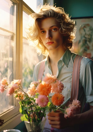 Everyday Elegance and Authenticity. A non-binary individual amidst their daily routine at home. The delicate pastel hues evoke a sense of vulnerability and authenticity, capturing the beauty of embracing one's true self even in the private moments of life.の素材