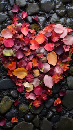 Botanical Elegance. Flower petals in the shape of a heart are delicately placed on a neutral background. Valentines day romantic composition.の素材