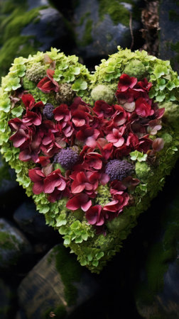 Botanical Elegance. Flower petals in the shape of a heart are delicately placed on a neutral background. Valentines day romantic composition.の素材