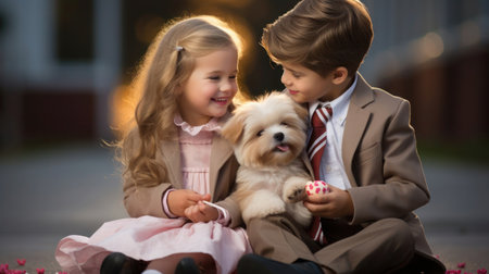 A couple of adorable kids. A boy and a girl are talking while sitting on the street. First love. Valentine's day greeting card.の素材