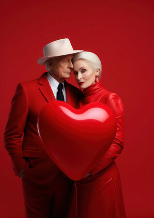 Creative portrait of an elderly cheerful married couple in bright red outfits. Valentines day concept.の素材