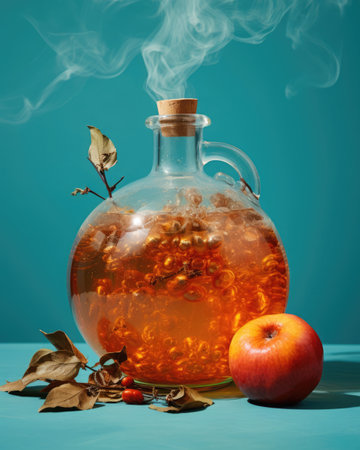 Fire cider. Apple vinegar with cinnamon. immune boosting drink. Creative composition.の素材