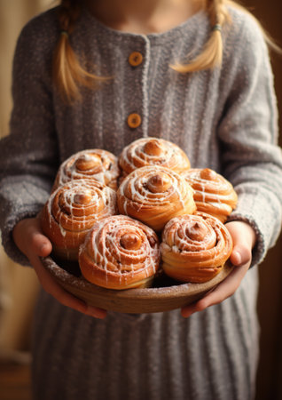 Woman's Hand Holding Delicious Swedish Buns, Kanelbullar. Baking close-up. traditional Swedish pastries. Scandinavian cuisine.の素材