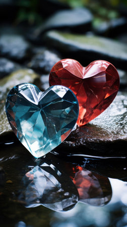 Reflected Romance. Heart-shaped object placed on a reflective surface, capturing both the heart itself and its mirrored counterpart. The dual heart shapes symbolize the interconnectedness of loveの素材