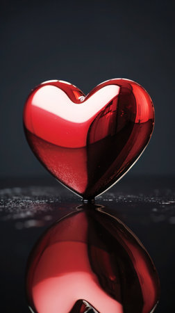 Reflected Romance. Heart-shaped object placed on a reflective surface, capturing both the heart itself and its mirrored counterpart. The dual heart shapes symbolize the interconnectedness of loveの素材